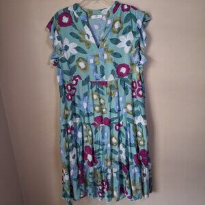 Entro Women’s Bold Floral Tiered Flutter Sleeve Midi Dress W/Pockets; Size 1X